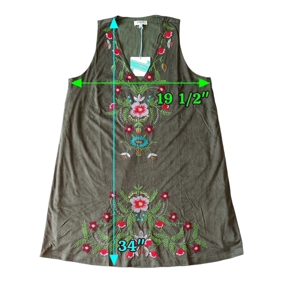 Umgee NWT Faux Suede Floral Embroidered Shift Mini Dress Olive Green Boho - Picture 2 of 6